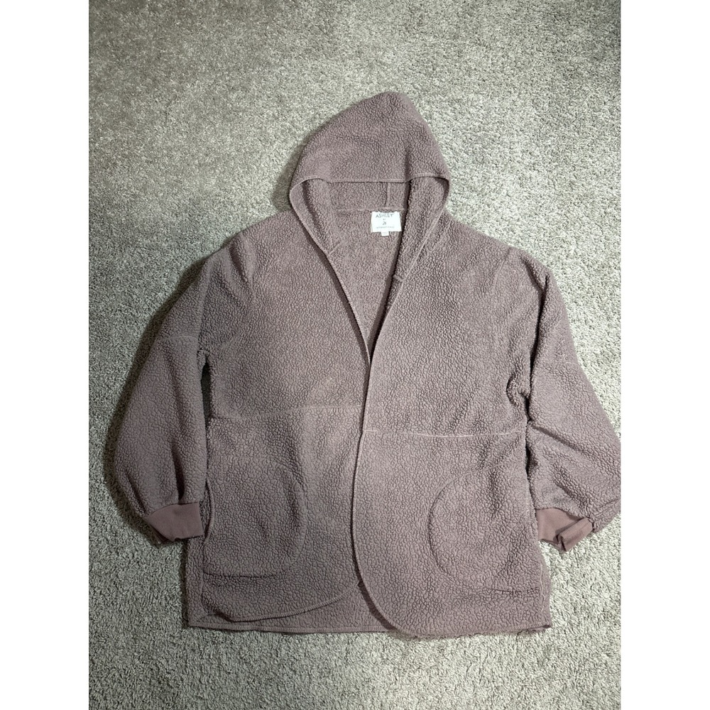 Ashley by 26 International Mauve Sherpa Fleece Hooded Open Front Cardigan Small